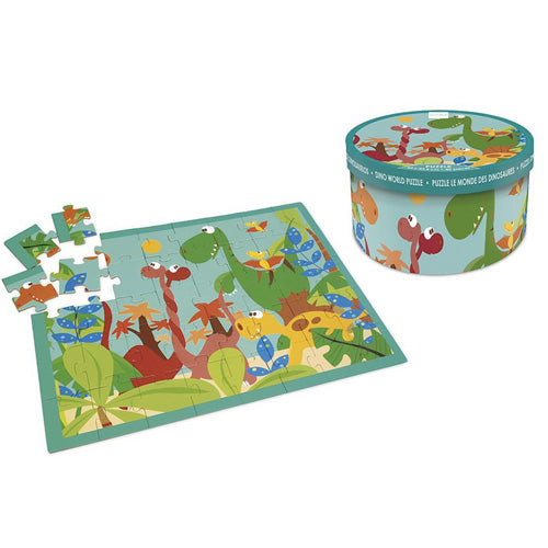 Scratch legpuzzel met dinosaurus thema naast de ronde verpakking.