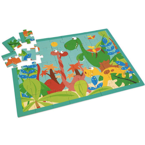 Een deels gelegde dinosaurus legpuzzel met losse stukken.