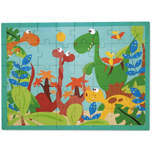 De complete dinosaurus legpuzzel met verschillende cartoon dinosaurussen en planten.