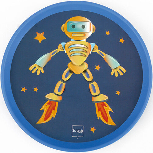Een blauwe vangpad van het Scratch Europe vangspel met een gele robotfiguur en sterren.