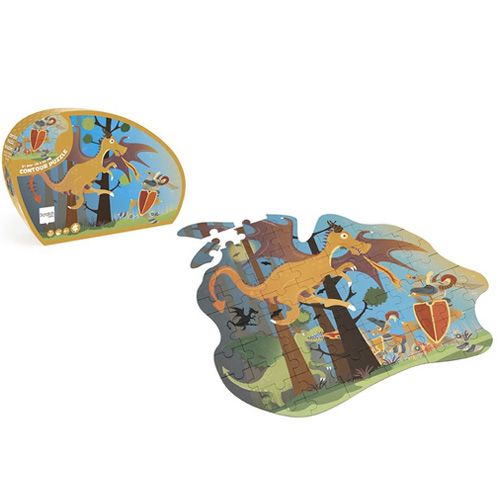 Scratch Europe contour vloerpuzzel met draken en ridders naast de bijbehorende verpakking.