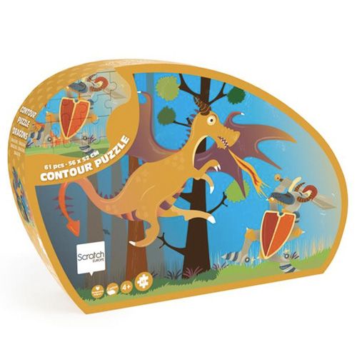 De ovalen verpakking van de Scratch Europe contour vloerpuzzel met een draak en ridders.