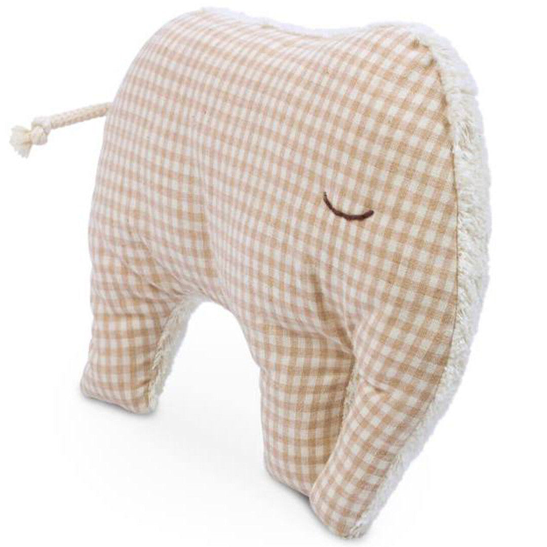 Senger pluchen olifant kussen met beige geruit patroon en pluche rand.