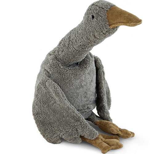 Senger pluchen warmteknuffel gans in grijs, zittend afgebeeld.