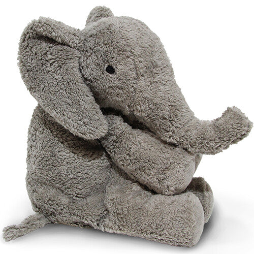 Senger warmteknuffel olifant van grijs pluche, zittend.