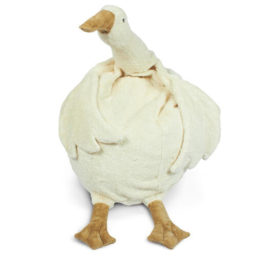 Senger zitzak in de vorm van een beige pluchen gans.