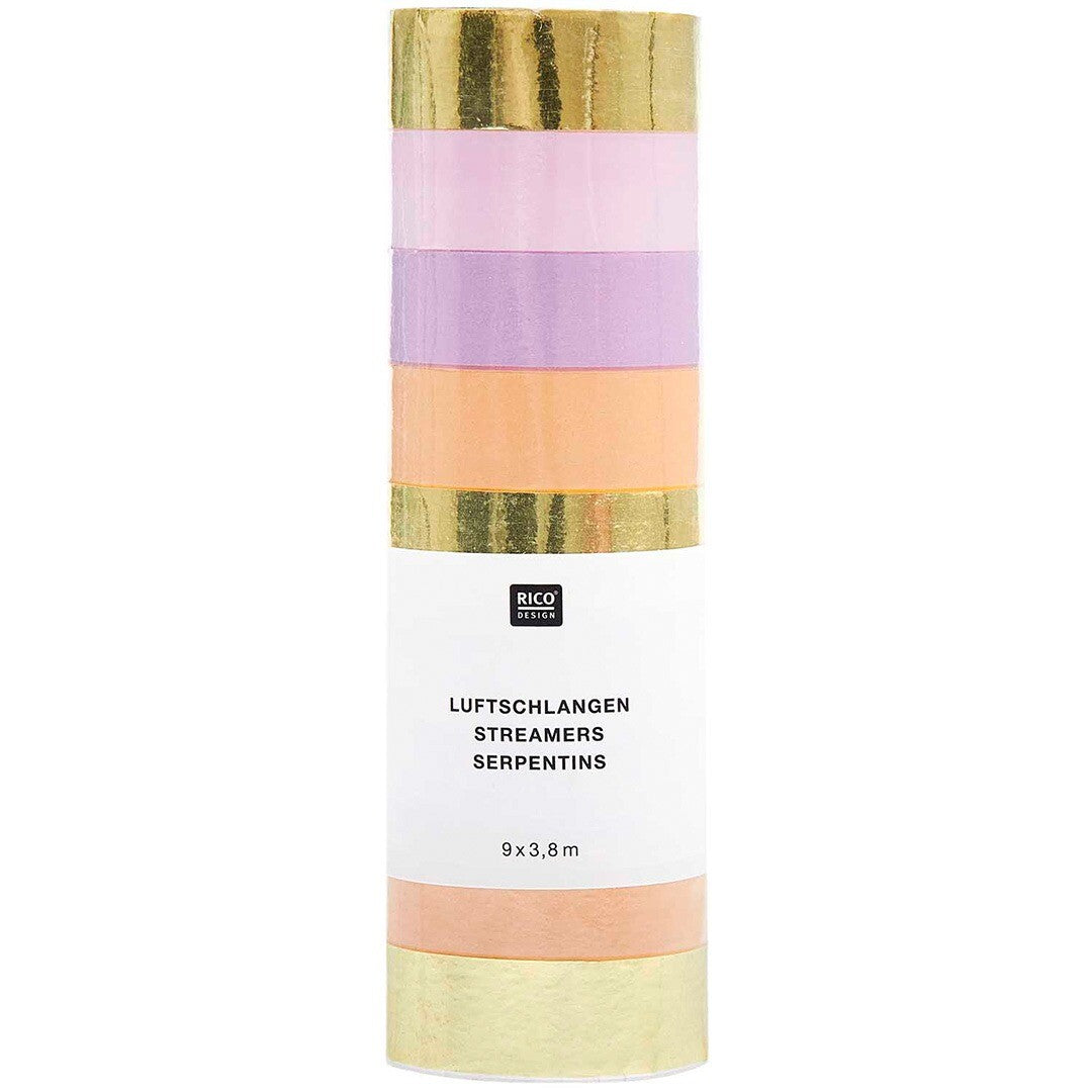 Verpakking van Rico Design serpentines in goud, roze, paars en oranje.