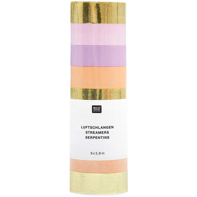Verpakking van Rico Design serpentines in goud, roze, paars en oranje.
