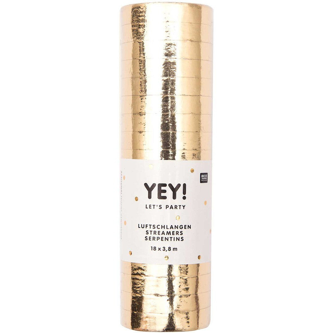 Rico Design verpakking van gouden serpentines met witte labeltekst "YEY! LET'S PARTY".