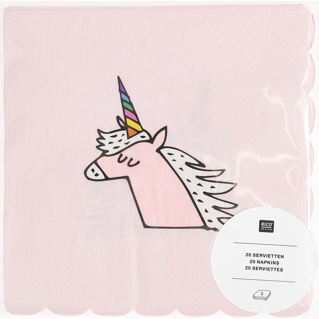 Verpakking van Rico Design servetten met een roze eenhoornhoofd en regenbooghoorn.