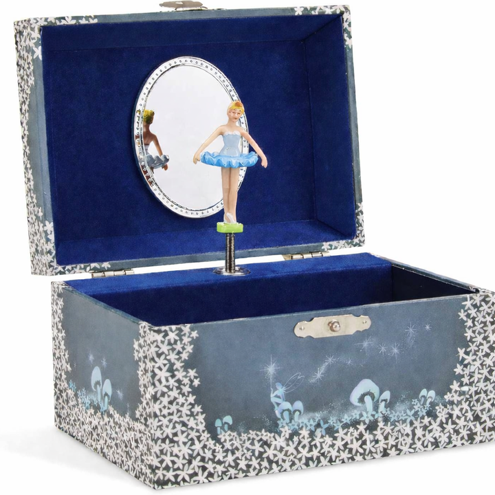 Kinderboeken muziekdoosje met open deksel, een spiegel en een ballerinafiguur in een blauwe tutu.
