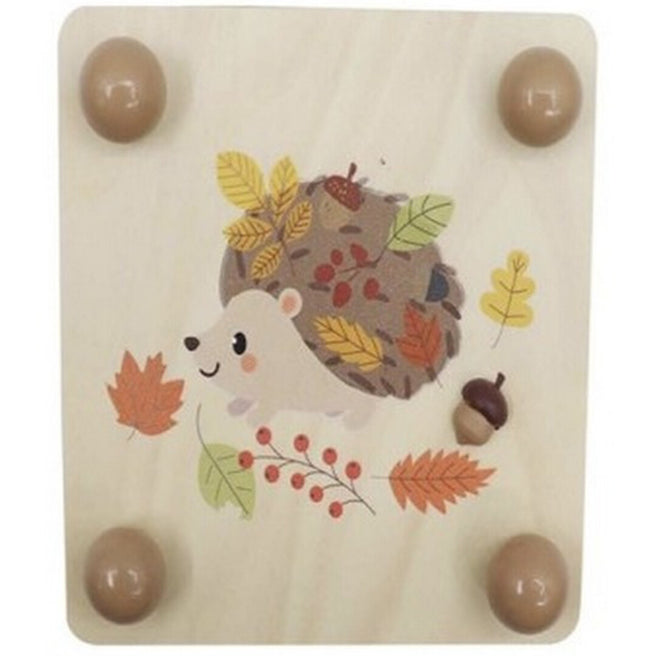 simply for kids houten bloemenpers met een illustratie van een egel en herfstbladeren.