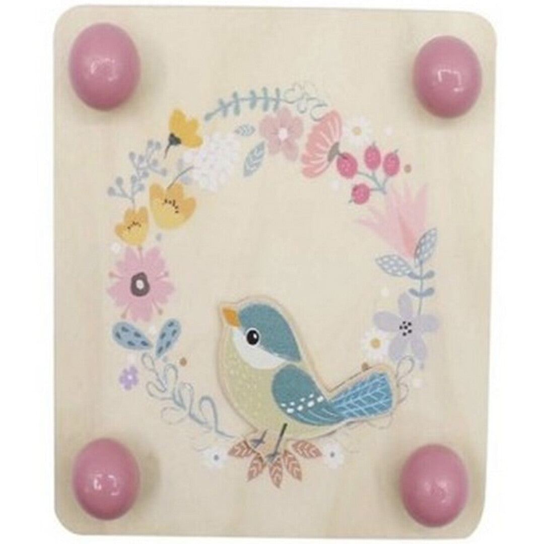 simply for kids houten bloemenpers met een vogel en bloemenkrans en vier roze knoppen.