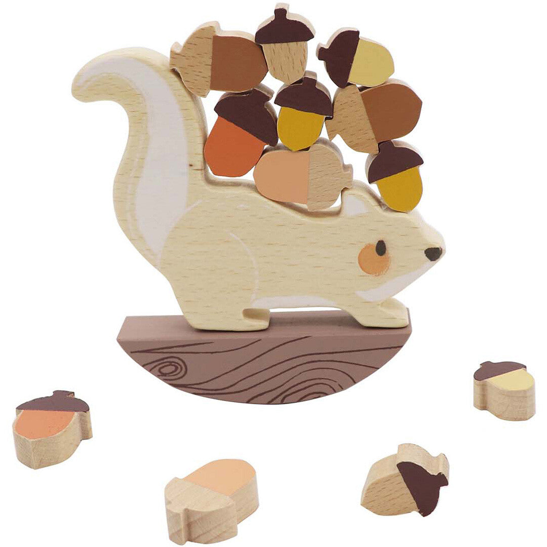 simply for kids houten evenwichtsspel met een eekhoorn die eikels balanceert op zijn rug.