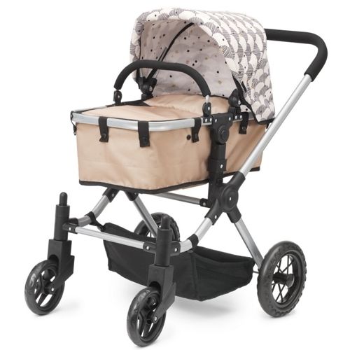 Skrållan 3-in-1 poppenwagen in beige met abstract patroon, schuin van voren gezien als reiswieg.