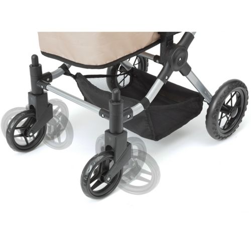 Detail van de zwenkende voorwielen van de Skrållan poppenwagen.
