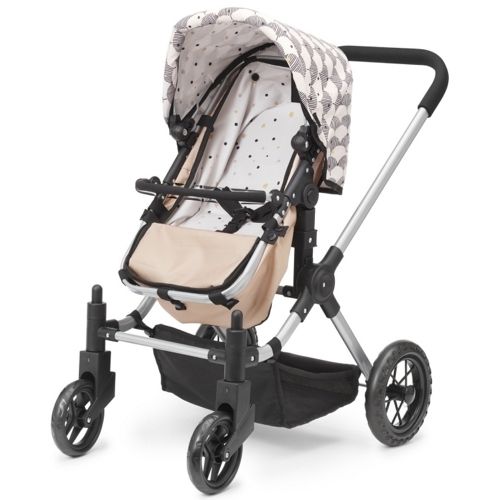Skrållan 3-in-1 poppenwagen in beige met abstract patroon, schuin van voren gezien in zitstand.