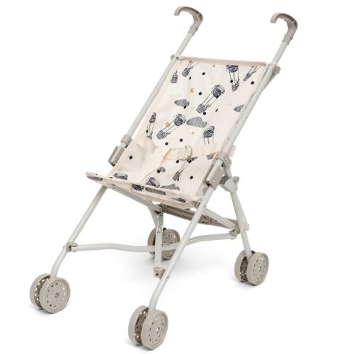 Skrållan poppenwagen in beige met voertuig- en stippenpatroon.