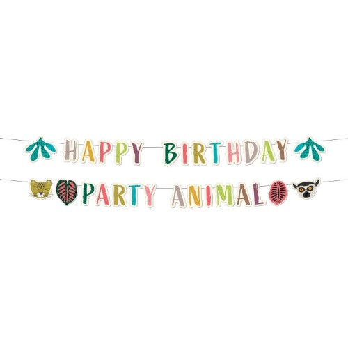 Folat feestartikelen: twee slingers met de teksten 'Happy Birthday' en 'Party Animal' en dierlijke en bladmotieven.