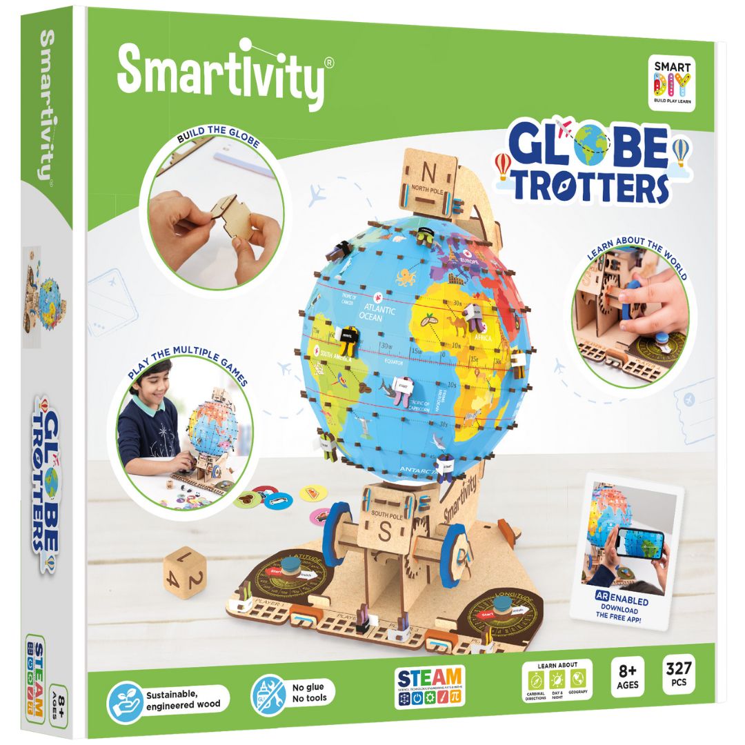 De verpakking van de Smartivity Globe Trotters bouwset met de wereldbol en spelende kinderen.