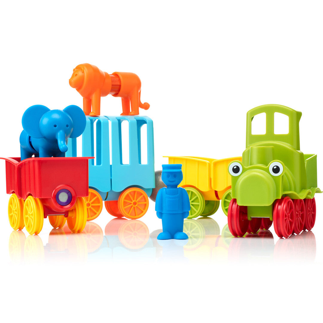 SmartMax magnetische dieren trein met groene locomotief, wagons, een olifant, leeuw en machinist.