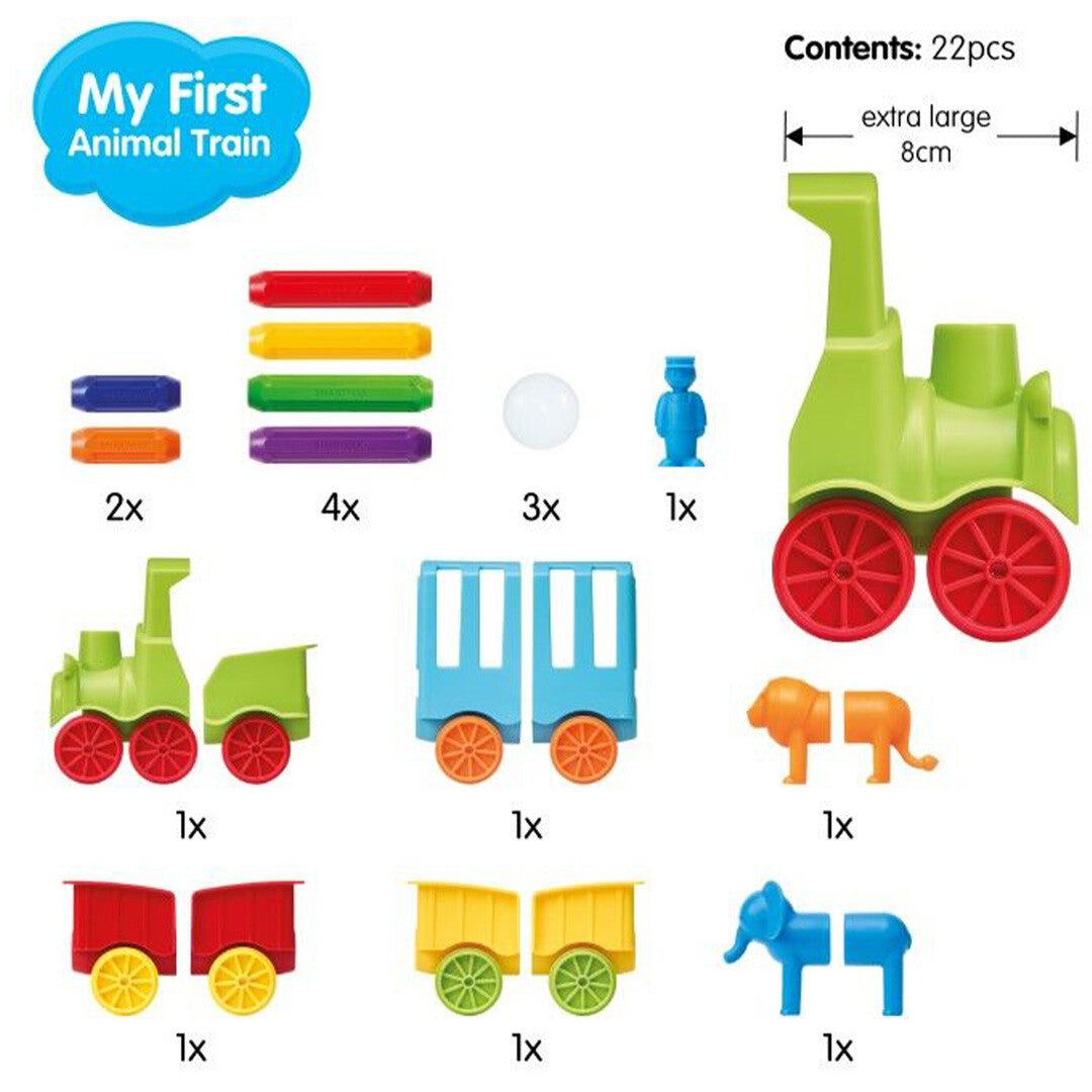 Infographic met een overzicht van alle 22 onderdelen van de SmartMax My First Animal Train bouwset.
