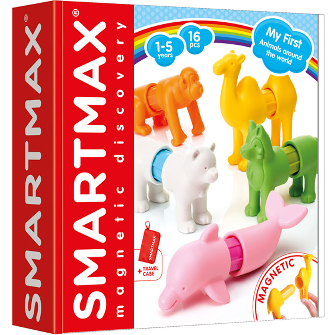 SmartMax verpakking van de magnetische bouwset 'My First Animals around the world' met diverse dierenfiguren.