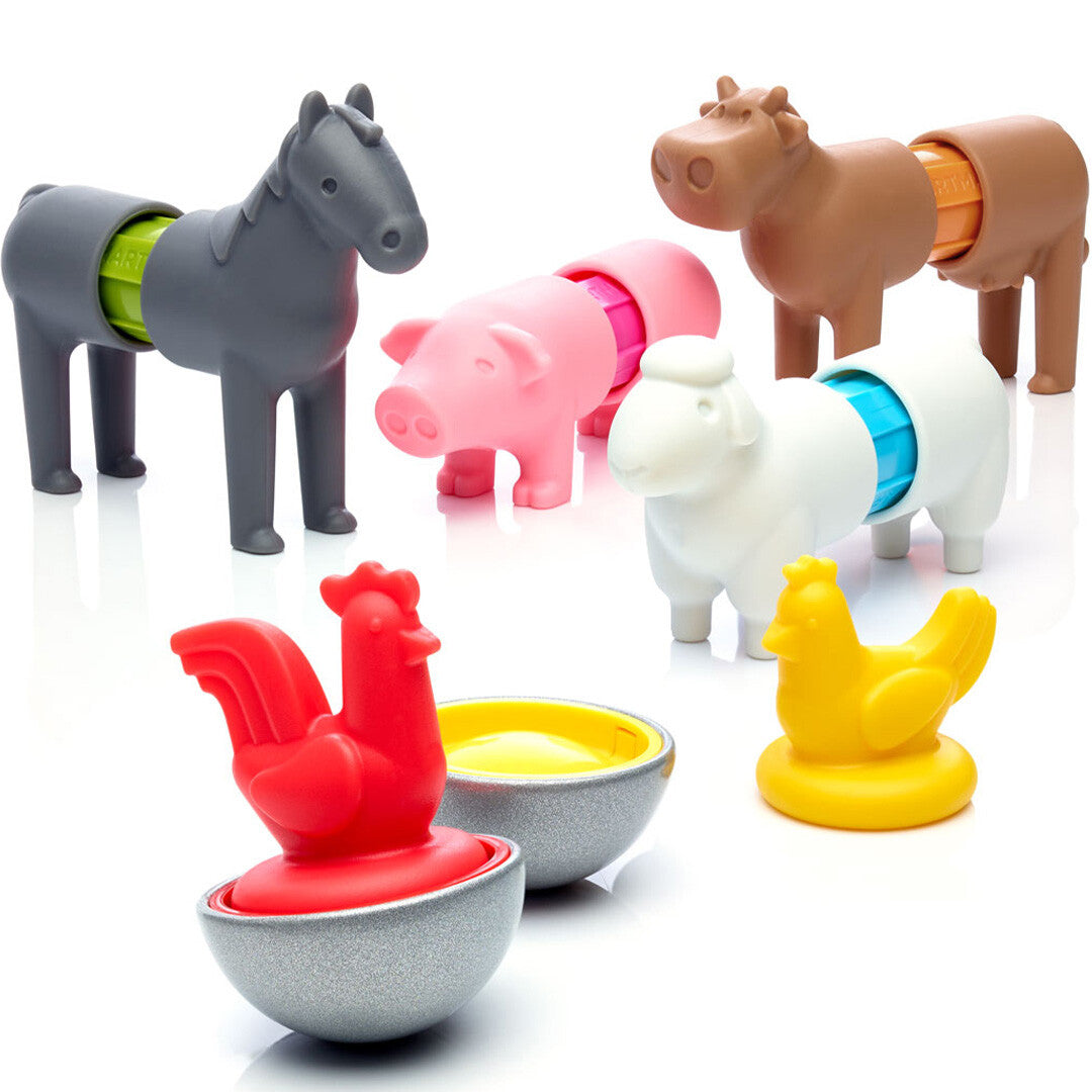 Smartmax magnetisch bouwspeelgoed van boerderijdieren, waaronder een paard, varken, schaap, koe, haan en kip.