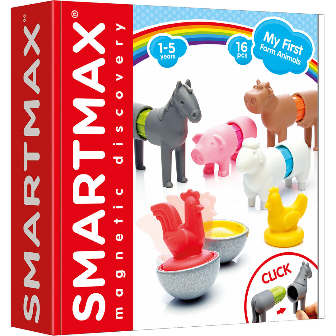 De verpakking van het Smartmax magnetisch bouwspeelgoed 'My First Farm Animals'.