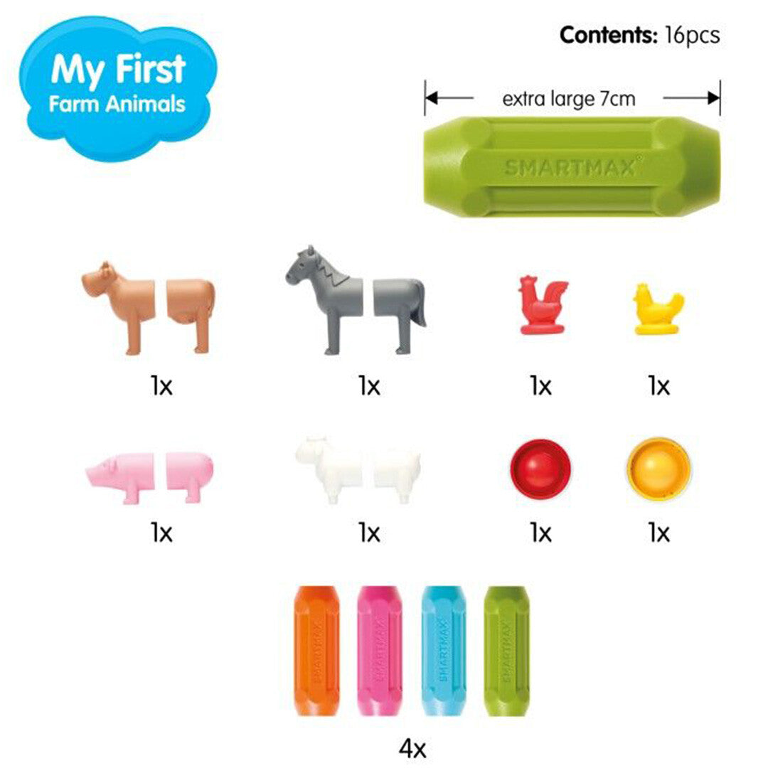 Een infographic van de onderdelen van het Smartmax magnetisch bouwspeelgoed 'My First Farm Animals'.