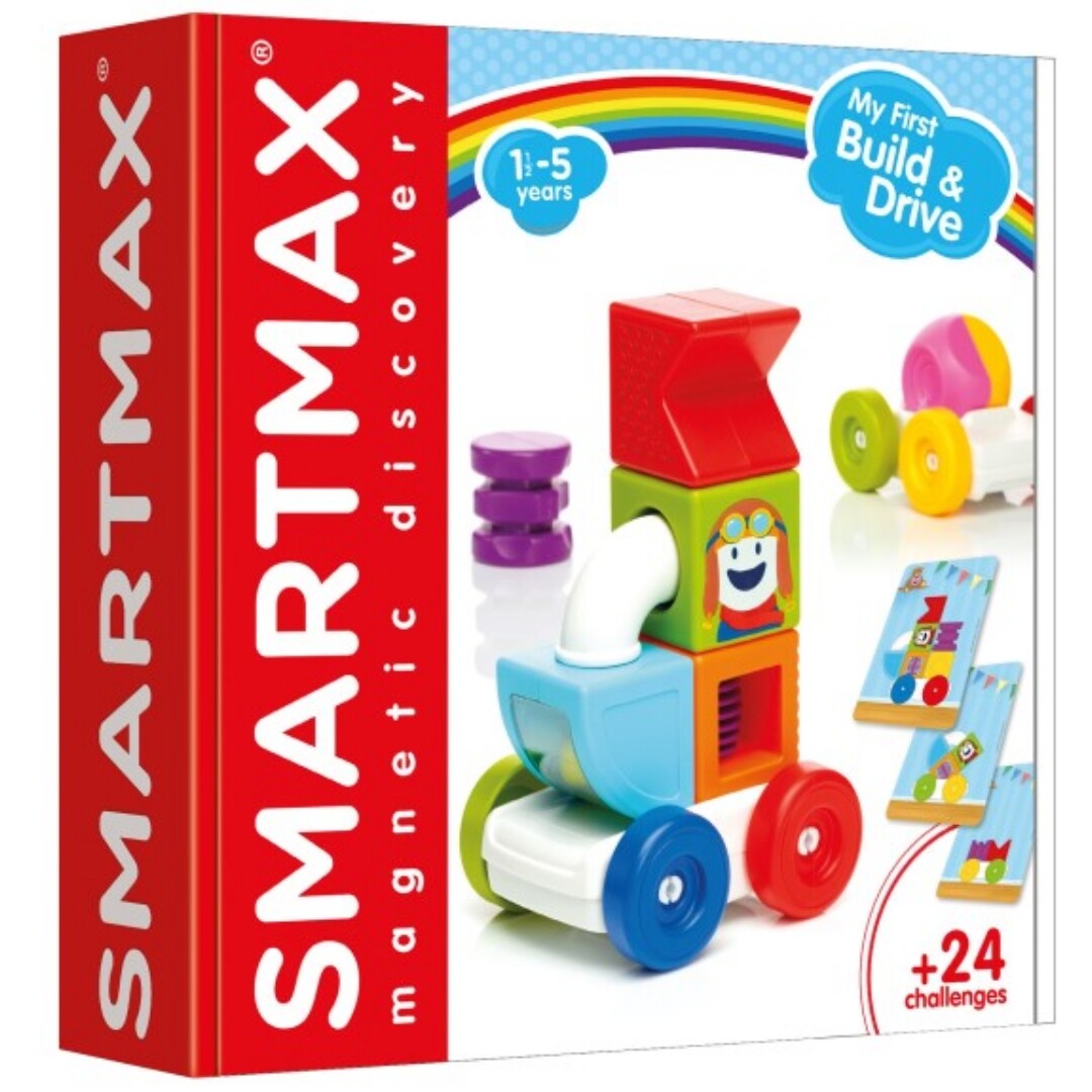 Verpakking van het Smartmax My First Build & Drive magnetisch bouwspeelgoed met een voorbeeld van een voertuig.