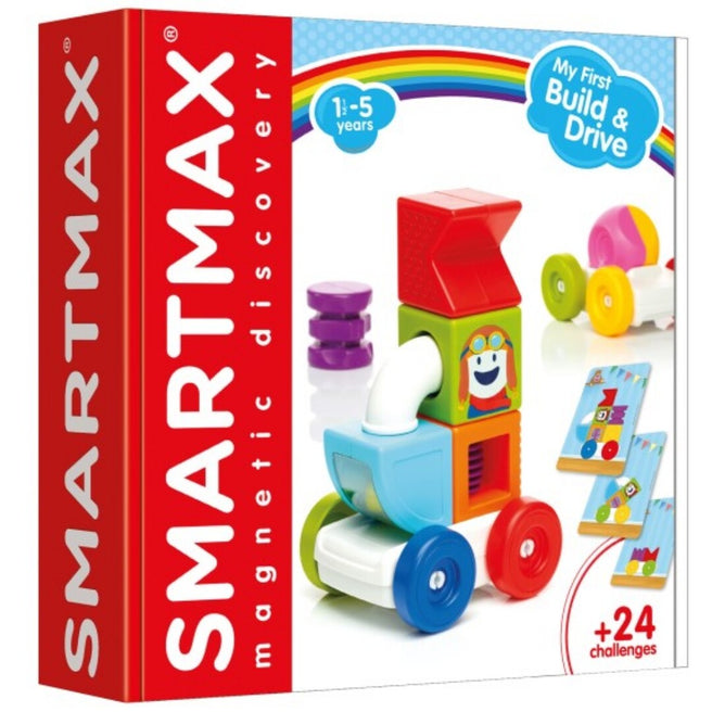 Verpakking van het Smartmax My First Build & Drive magnetisch bouwspeelgoed met een voorbeeld van een voertuig.