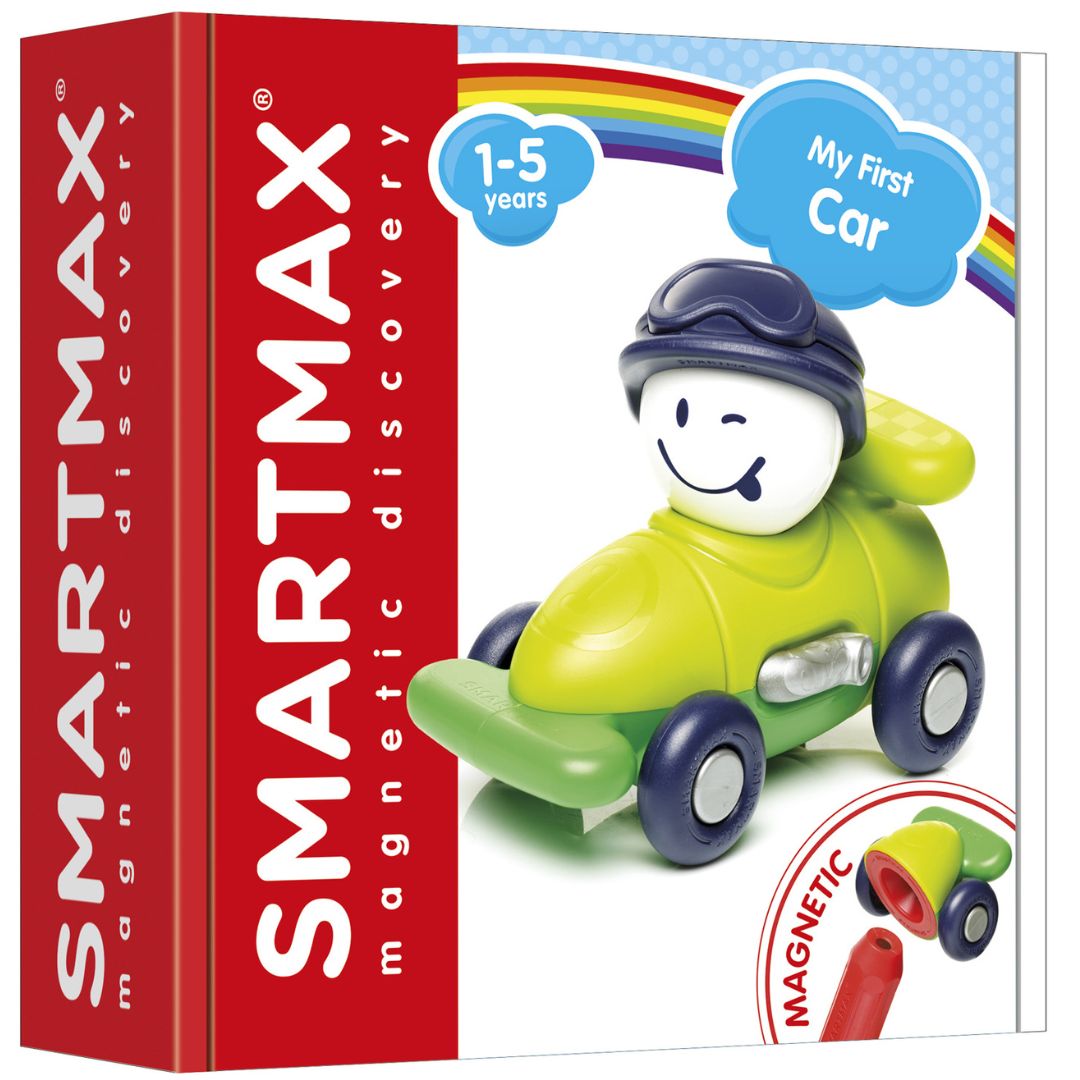 Verpakking van de SmartMax 'My First Car' magnetische bouwset met een groene auto en een figuur met een knipoog.