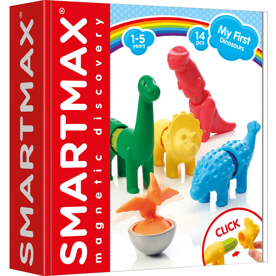 De verpakking van het Smartmax 'My First Dinosaurs' magnetisch puzzelspel met kleurrijke dinosaurusfiguren.