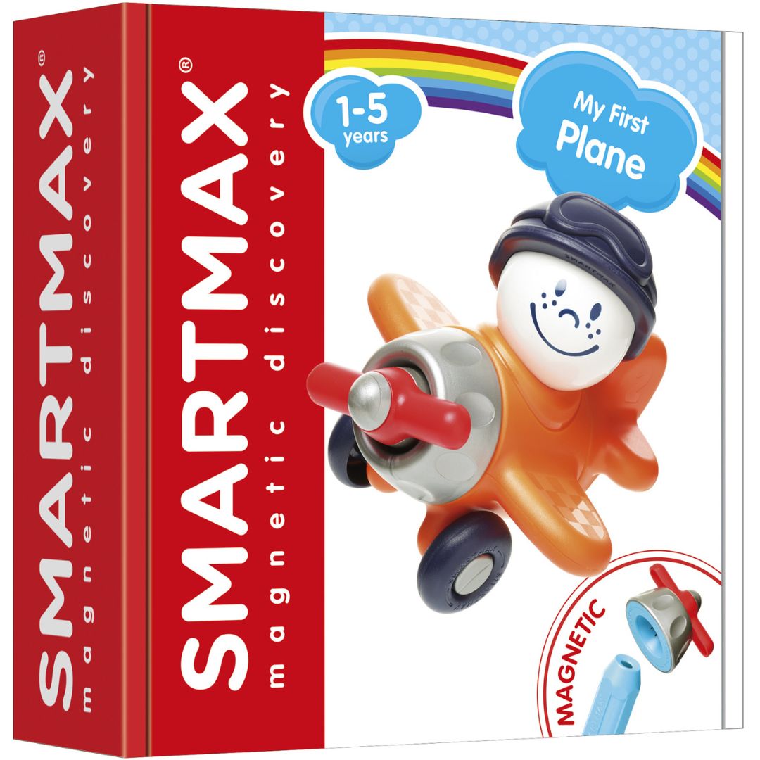 De verpakking van het Smartmax magnetische speelgoedvliegtuig "My First Plane" met het product erop afgebeeld.