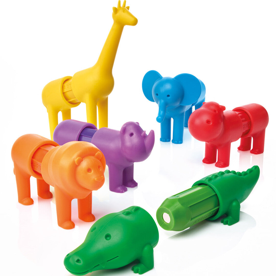 SmartMax magnetisch bouwspeelgoed van zes kleurrijke safaridieren, deels uit elkaar gehaald.