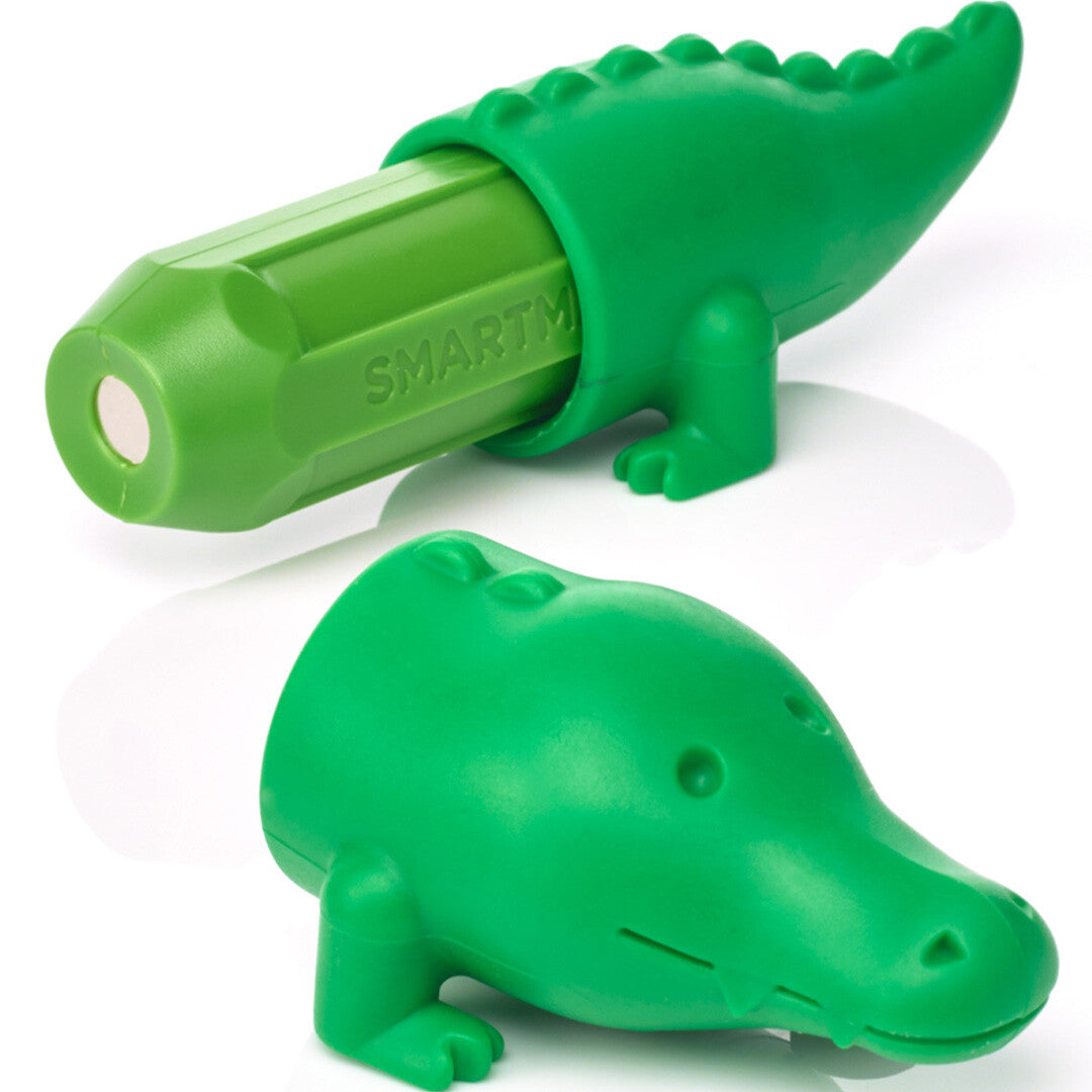 Detail van de SmartMax groene krokodil, uit elkaar gehaald met de magnetische staaf zichtbaar.