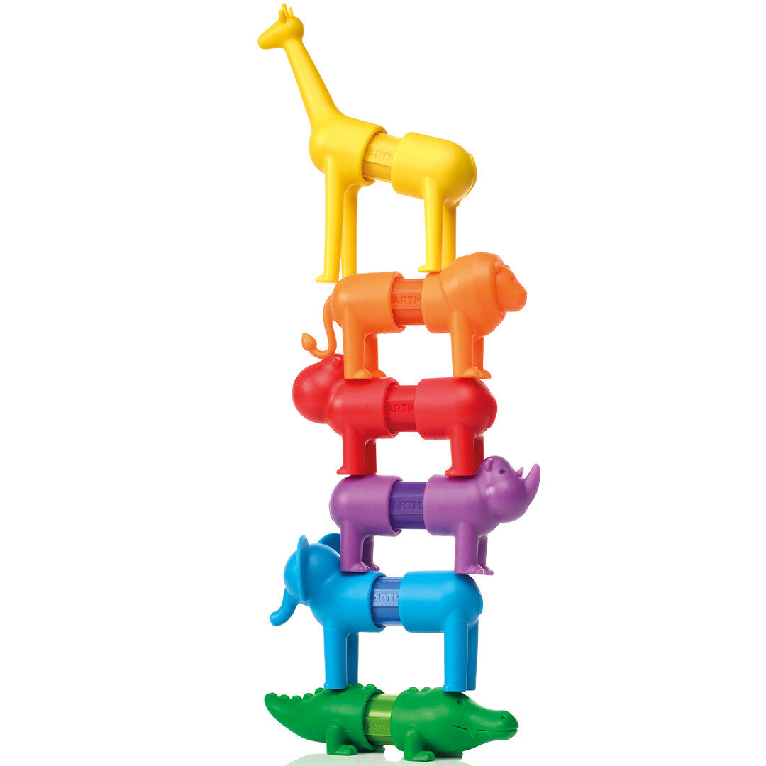Zes SmartMax magnetische safaridieren op elkaar gestapeld, van krokodil tot giraffe.