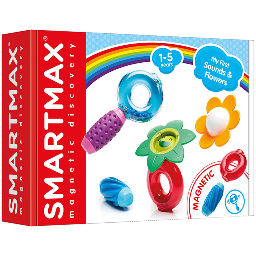 Verpakking van de Smartmax My First Sounds & Flowers magnetische bouwset met diverse kleurrijke onderdelen.