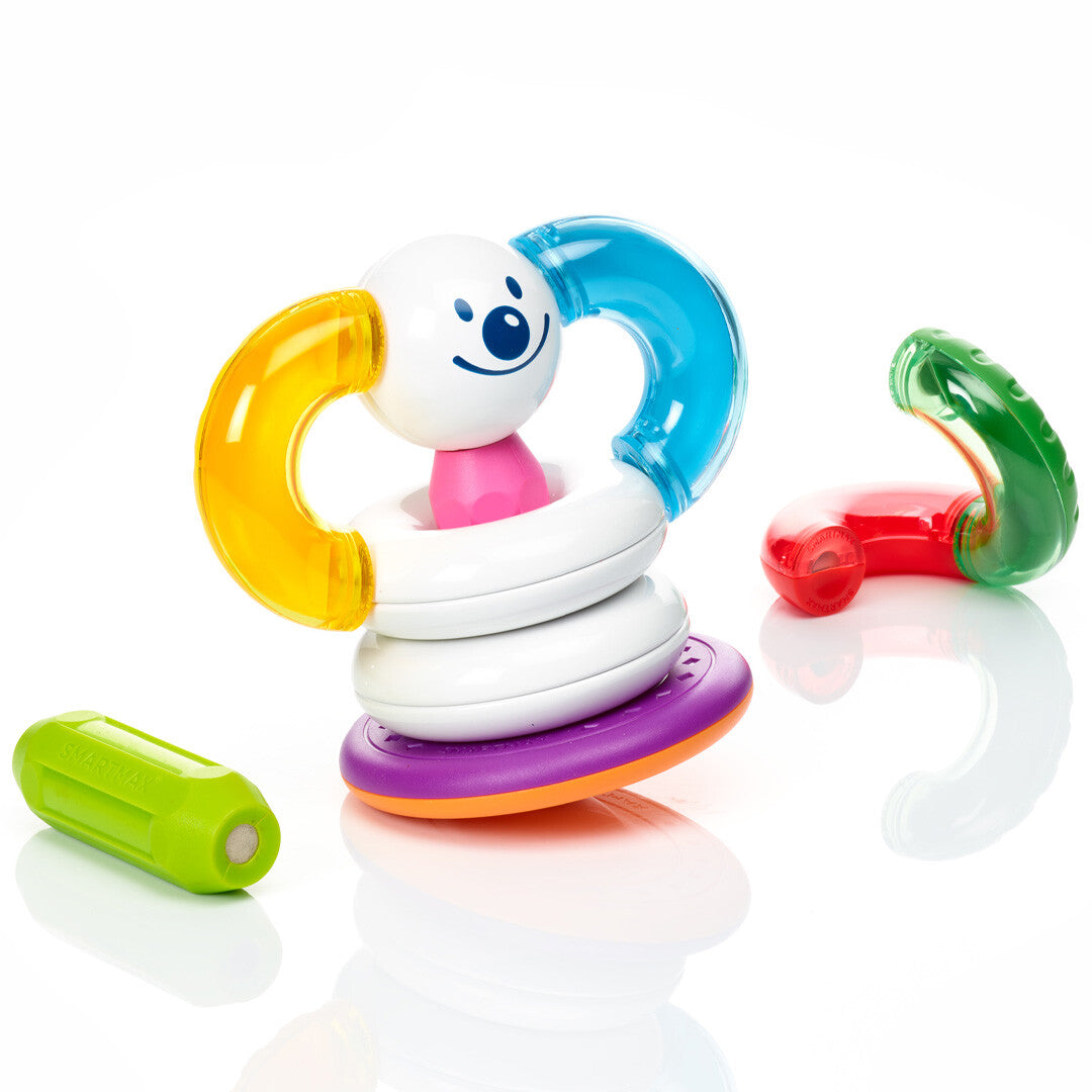 SmartMax magnetisch stapelspeelgoed met een vrolijk gezichtje en losse gekleurde ringen en staafjes.
