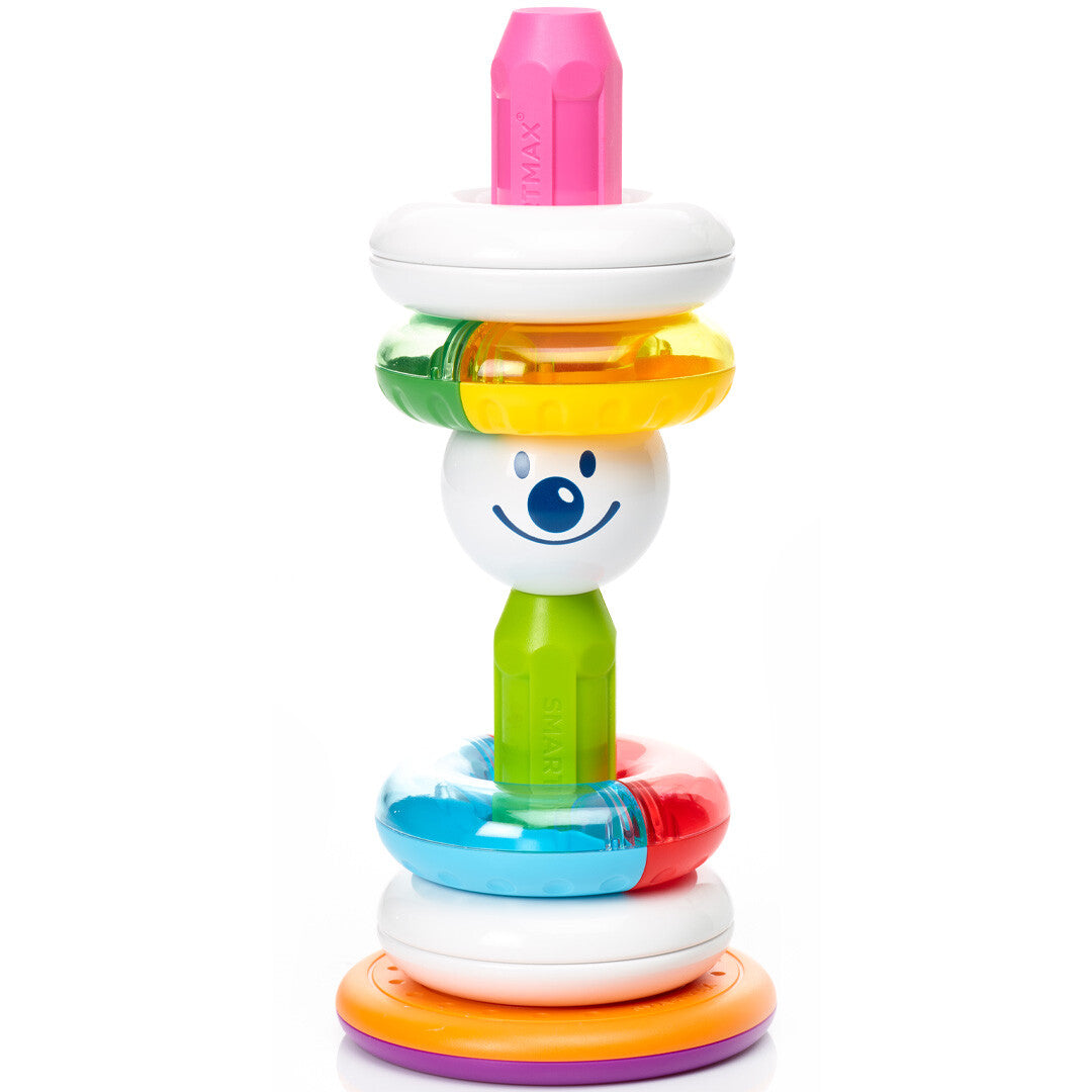 Het SmartMax magnetisch stapelspeelgoed volledig gestapeld als een toren met gekleurde ringen en staafjes.