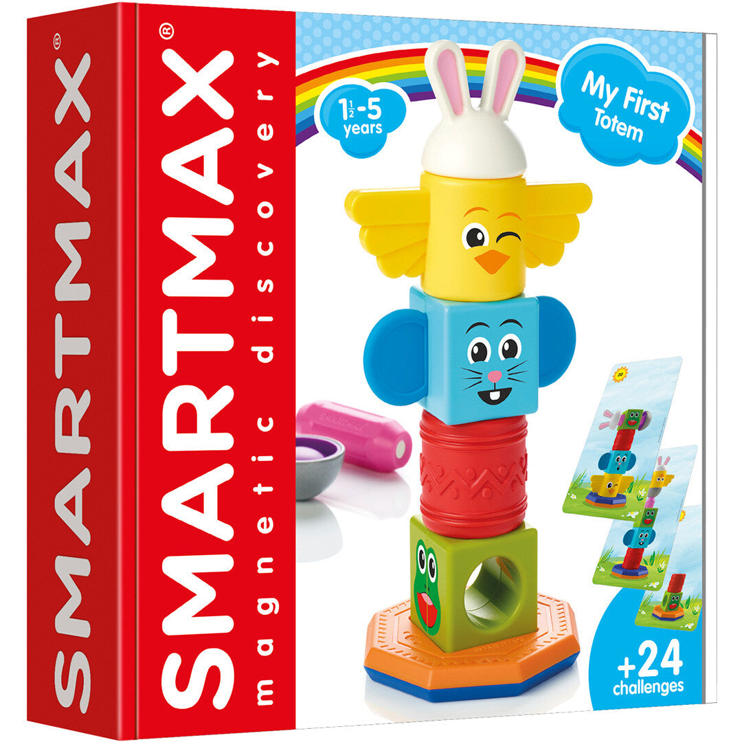 De SmartMax productverpakking van het magnetische sorteer- en stapelspeelgoed 'My First Totem'.