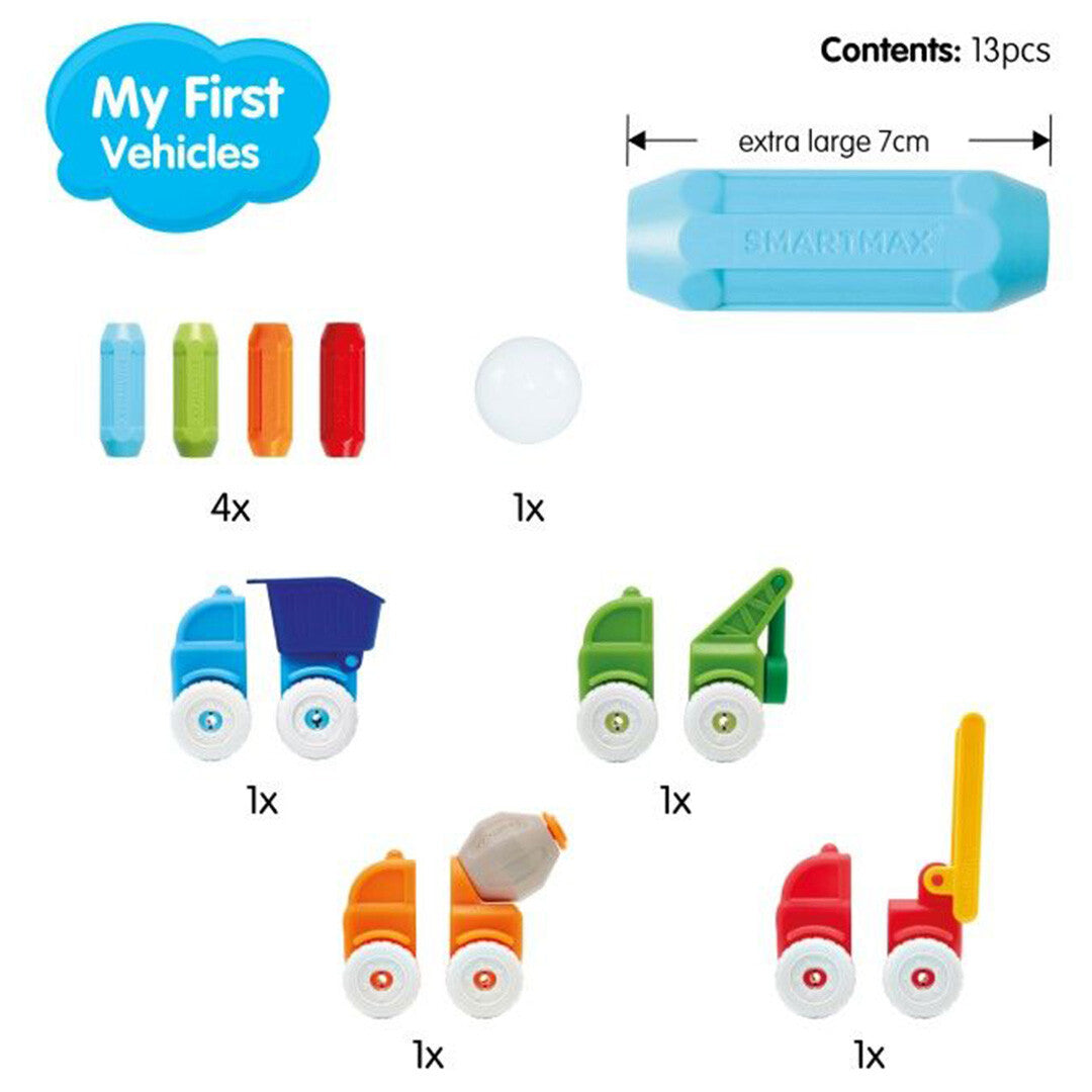 Infographic van de SmartMax 'My First Vehicles' bouwset met alle 13 onderdelen en afmetingen.