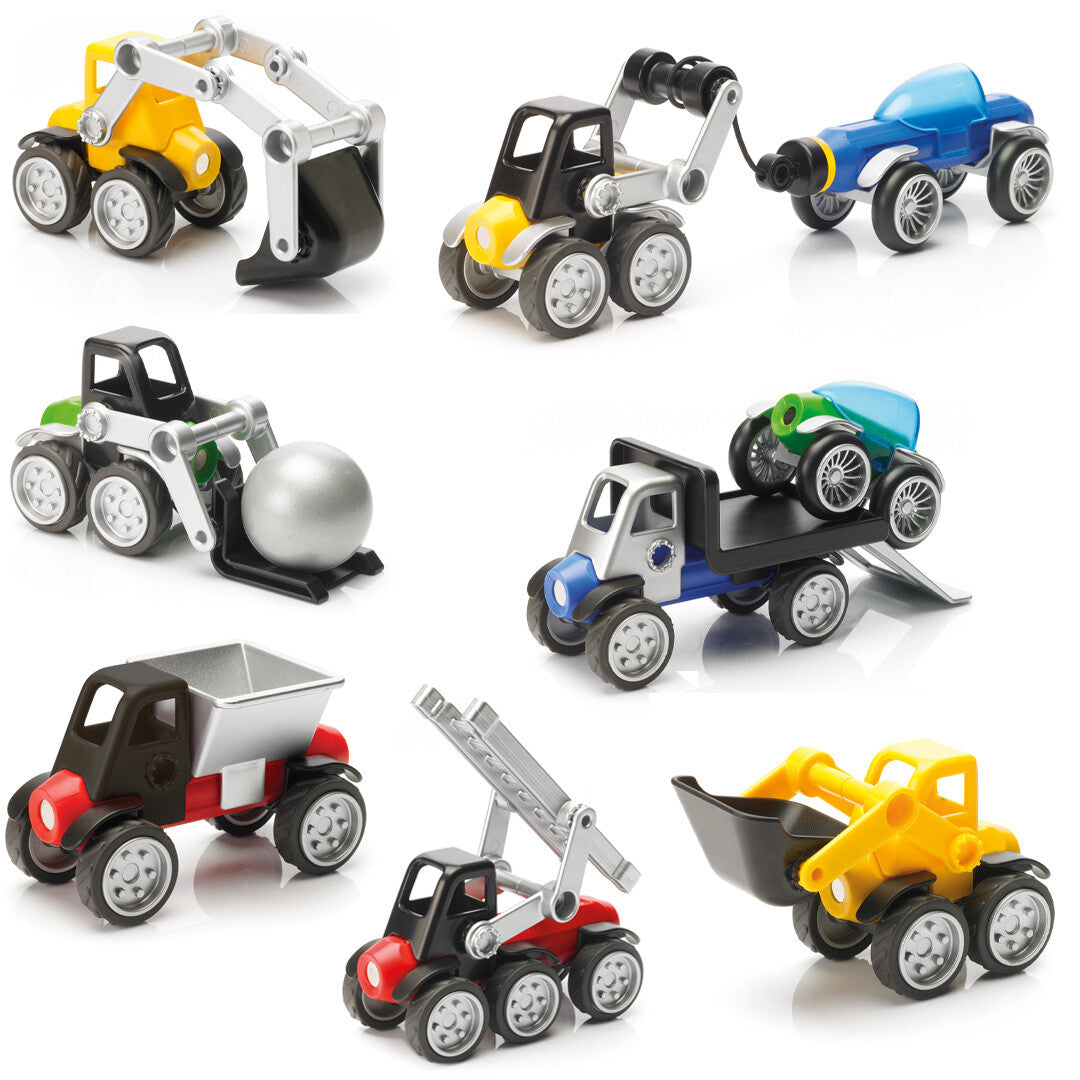 Een collectie van acht SmartMax magnetische bouwvoertuigen, waaronder een graafmachine, kraan en kiepwagen, in verschillende kleuren.