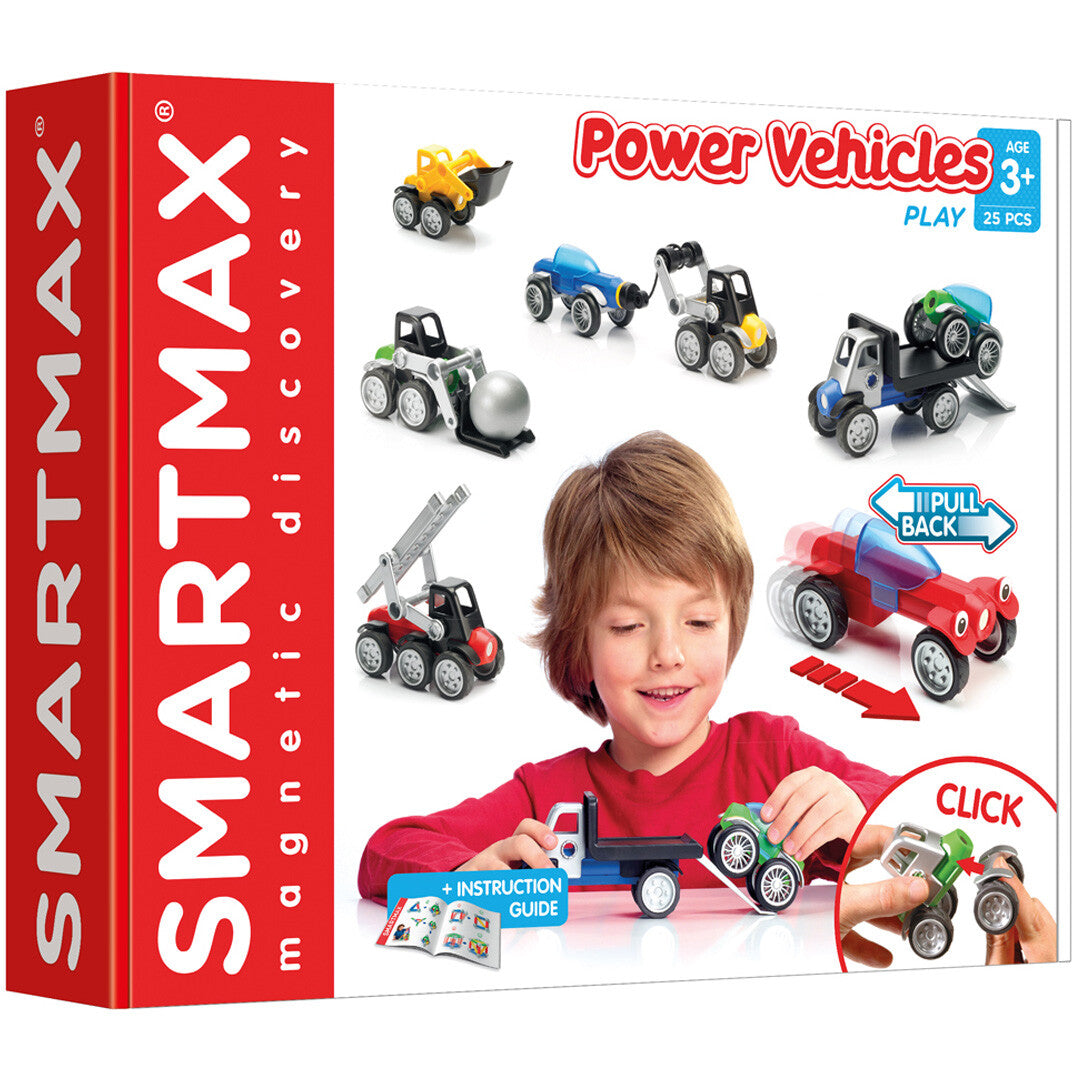 De SmartMax Power Vehicles productverpakking met een kind dat speelt met de magnetische bouwvoertuigen.