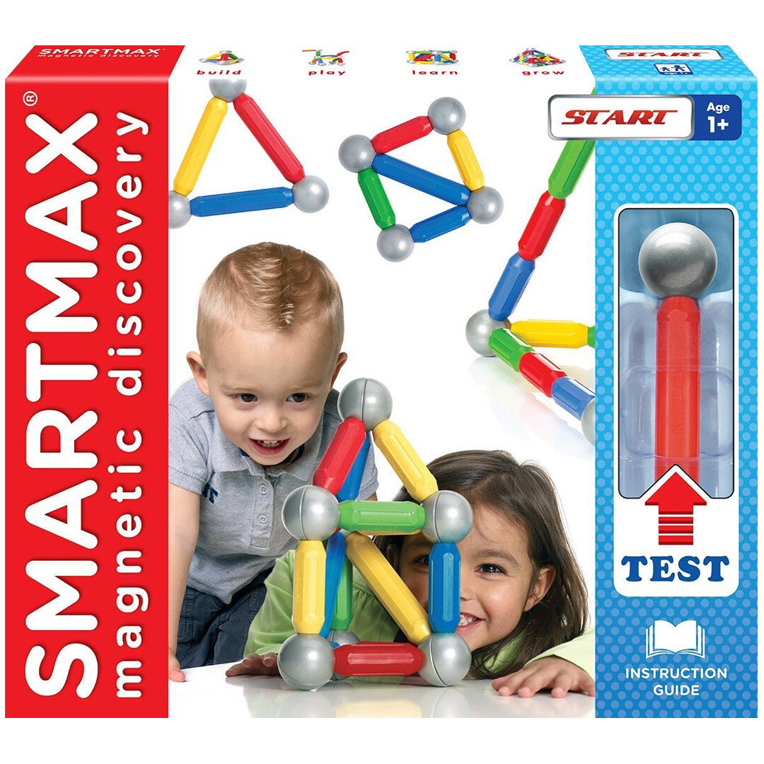 De verpakking van het SmartMax magnetisch puzzelspel met afbeeldingen van spelende kinderen en productvoorbeelden.
