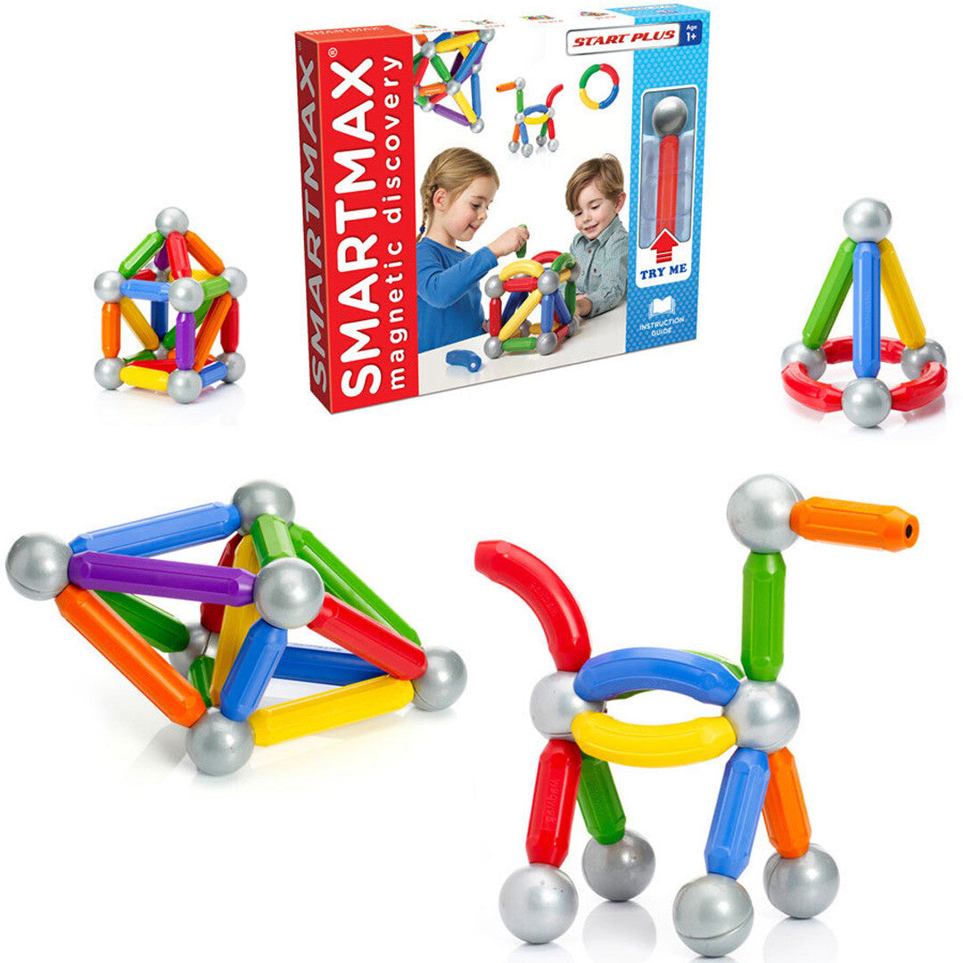 SmartMax magnetisch puzzelspel met verschillende kleurrijke constructies en de productverpakking.