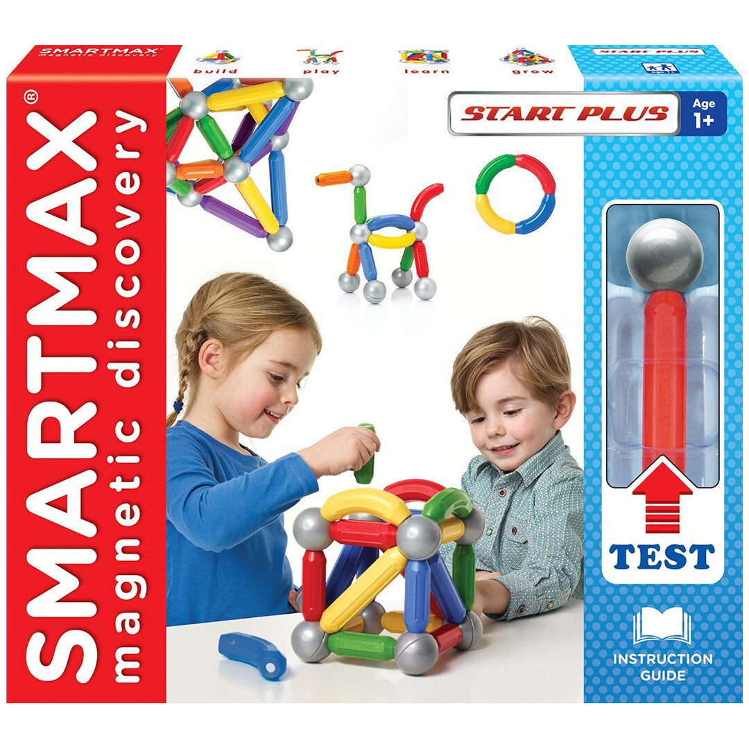 De SmartMax Start Plus verpakking van het magnetisch puzzelspel met afbeeldingen van spelende kinderen.