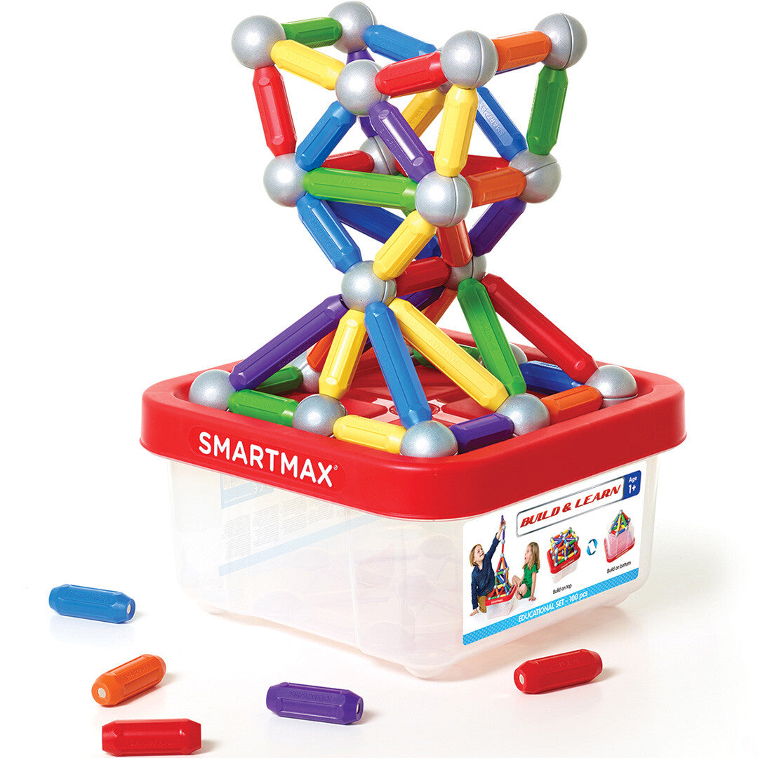 SmartMax magnetische bouwset met een kleurrijke constructie op de opbergdoos en losse onderdelen.