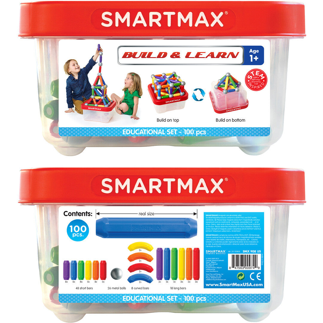 De achterkant van de SmartMax verpakking van de magnetische bouwset met een overzicht van de inhoud en productinformatie.